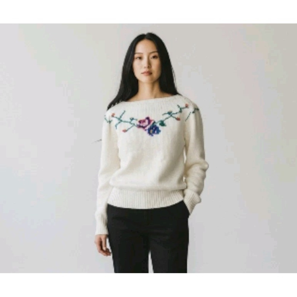 NOS Vintage Skiva Fits Womens Medium Sweater Floral Pullover Taiwan 80s Cottage